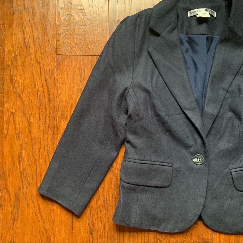 Vintage Necessary Objects Navy Wool Blend Blazer 3/4 Sleeve Puff Shoulder XS - Picture 2 of 9